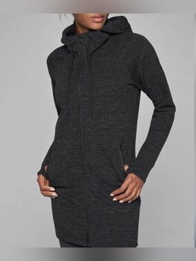 Athleta Stronger Long Hoodie Black Heathered Full Zip - Small
